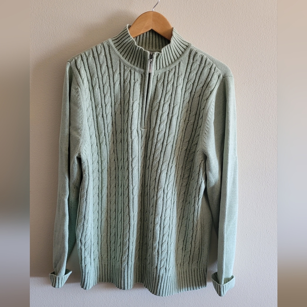 Vtg Karen Scott Cable Knit Quarter Zip Pullover Sweater, Women's XL, Sage Green